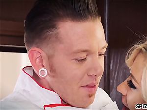 Jessica gets a adorable bang by her Chef in the kitchen